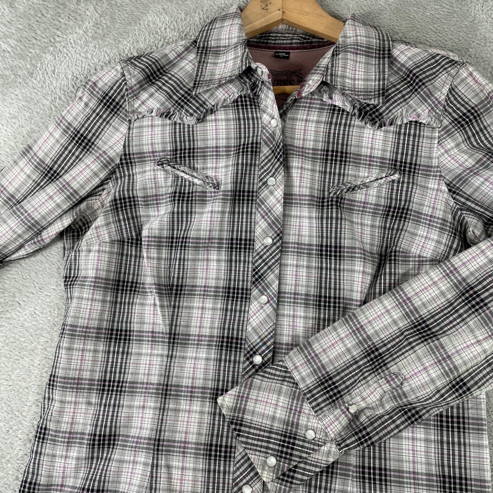 Guess Western Pearl Snap Womens Large Gray Purple Plaid Lurex Y2K Shirt Rodeo